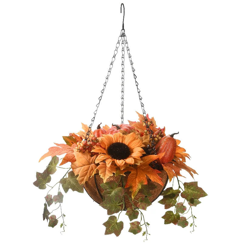 Christmas Glittery Decor 18" Hanging Basket with Ivy Leaves, 3 Sunflowers, 3 Cones, 3 Berries, 3 Gourds & 1 Pumpkin