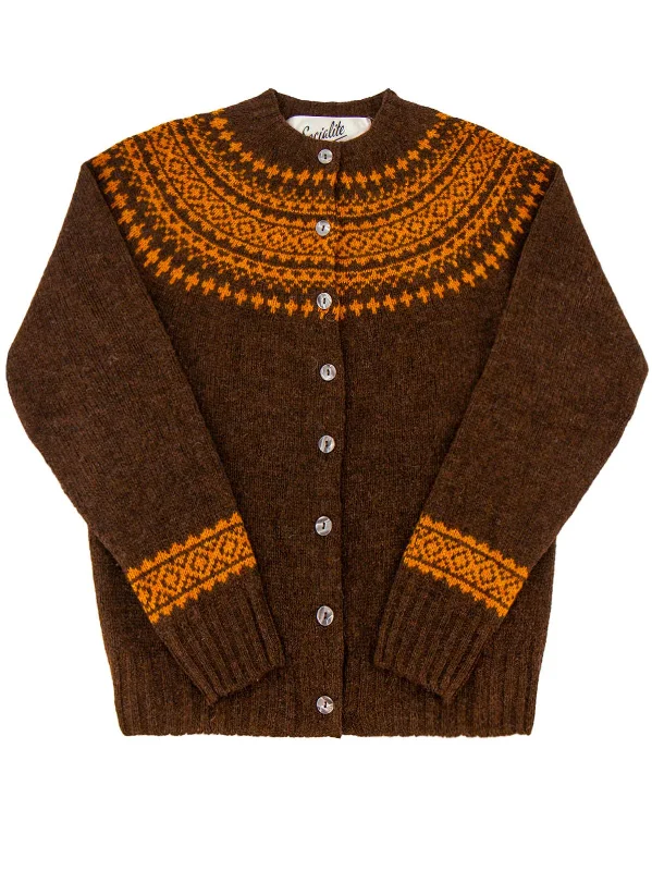 Christmas Family Gathering 1940s Style Pure Wool Fairisle Cardigan in Coffee Brown