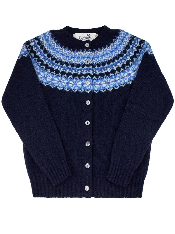 Christmas Candlelight Dinner 1940s Style Pure Wool Fairisle Cardigan in Navy Blue