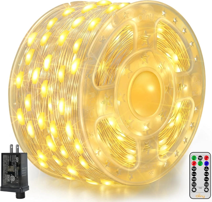 Christmas Cozy Blankets Ollny 600 LED 197ft Warm White IP67 Waterproof Christmas Lights (Clear Wire, Plug in, 8 Modes)
