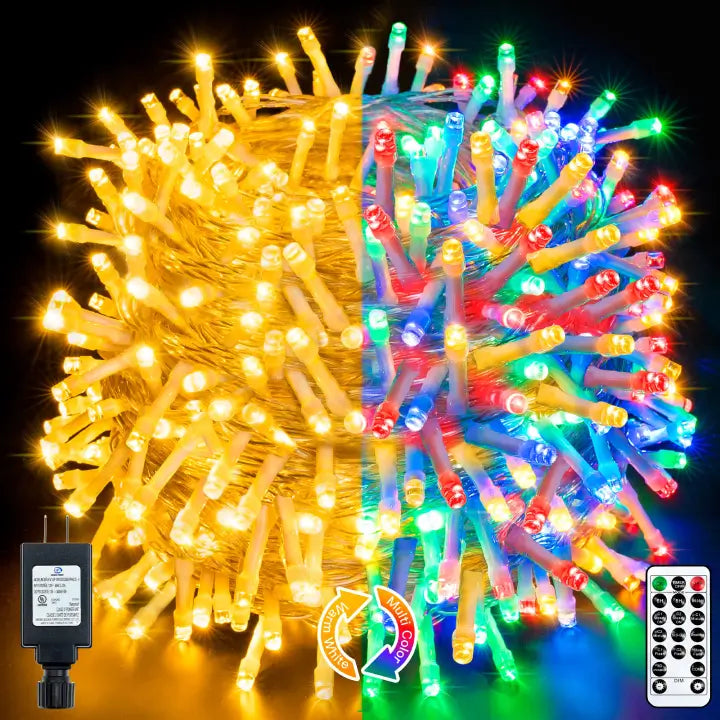 Christmas Twinkling Decorations Ollny 640 LED 210FT Warm White/Multi-color Christmas String Lights (Clear Cable, Plug in, 11 Modes, IP44)