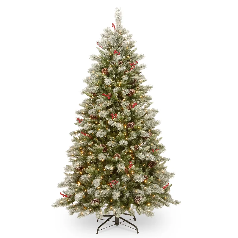 Christmas Festive Wrapping 7.5 ft. Pre-Lit Snowy Bristle Berry Tree with PowerConnect Dual Color LED Lights