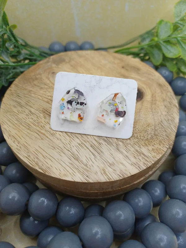 Christmas Red And White Acrylic Barn Shaped Earrings w/ Farm Animals
