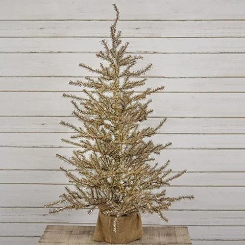 Christmas Evergreen Decorations Antiqued Silver Tinsel Tree w/Burlap Base 3ft