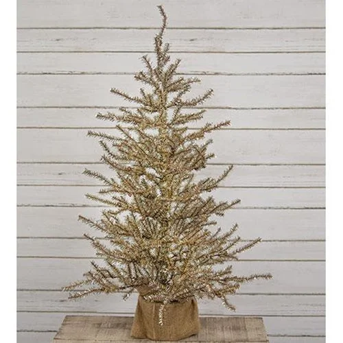 Christmas Winter Wonderland Decor Antiqued Silver Tinsel Tree w/Burlap Base 4ft