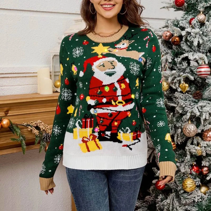 Christmas Homemade Cookies Autumn Winter Santa Jacquard Round Neck Retro Casual Christmas Sweater with LED Light