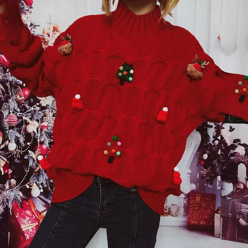 Christmas Green Wreath Autumn Winter Xmas Loose Round Neck Print Knitted Christmas Sweater