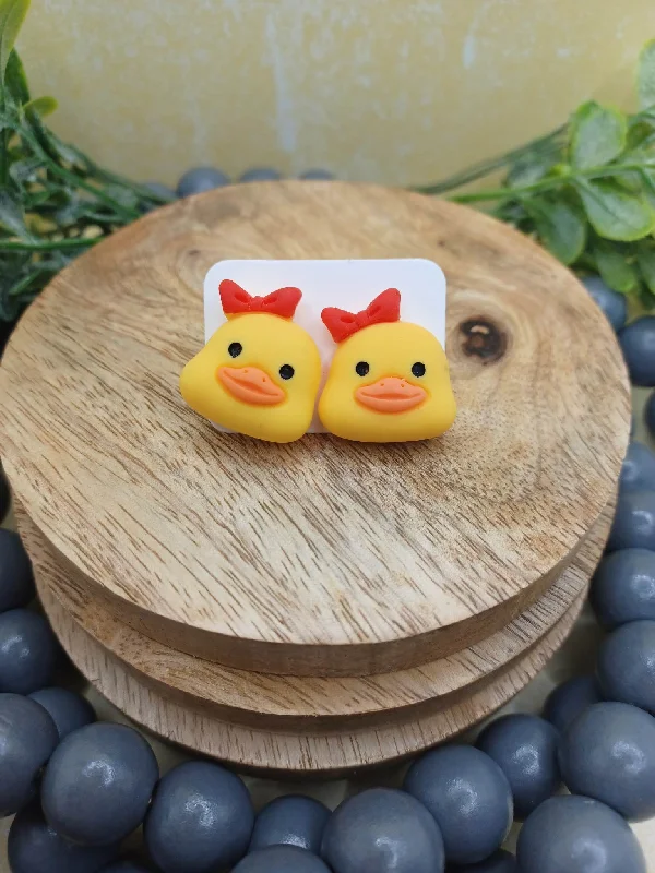 Christmas Snow Covered Village Baby Chick w/ Bow Earrings