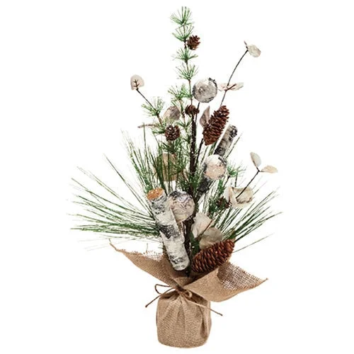Christmas Cozy Decor Birch Mixed Long Needle Pine Tree in Burlap Base 23"