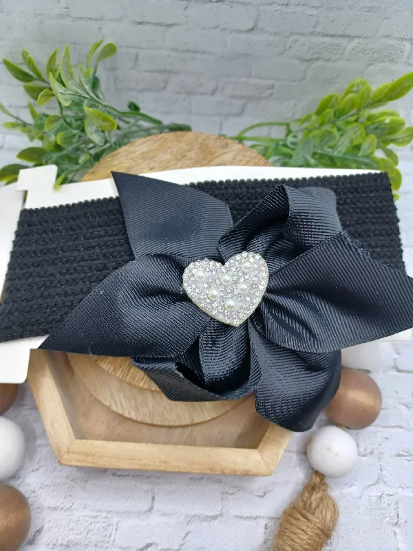 Christmas Nostalgic Moments Black Baby Headband w/ Rhinestone & Pearl Heart Charm
