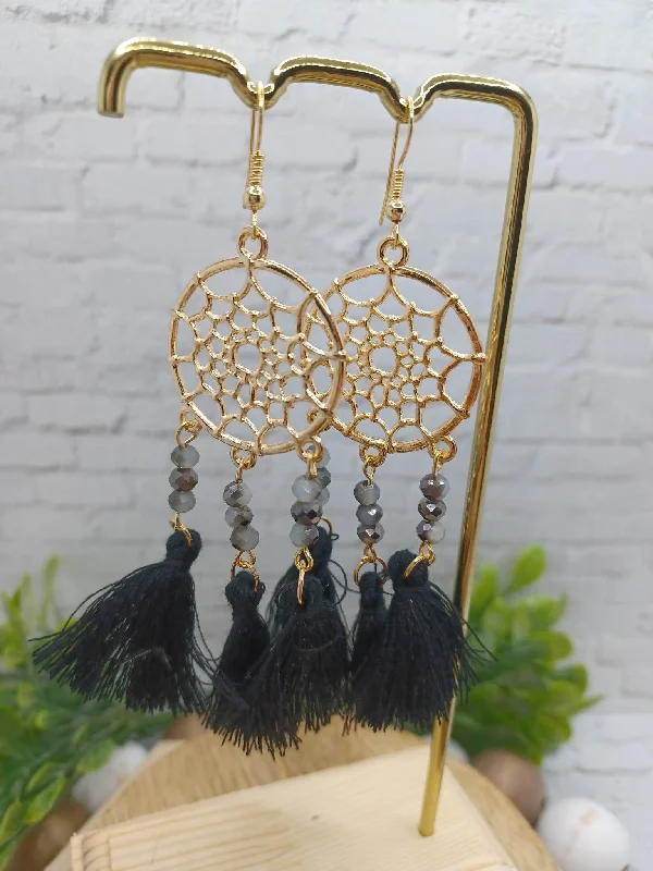Christmas Gingerbread Delights Black Dreamcatcher Beaded & Tassel Earrings