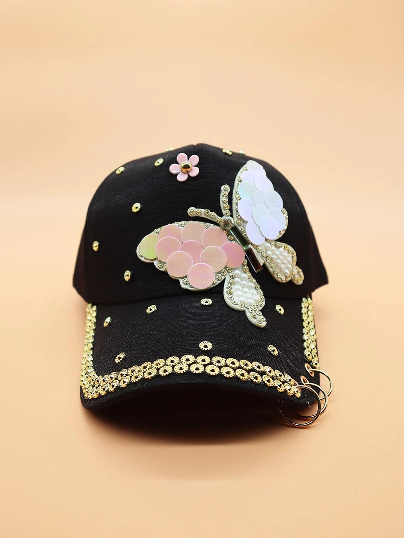 Black Hat w/ Iridescent Butterfly & Gold Embellishments