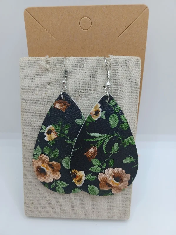 Black w/ Peach Floral Print Earrings