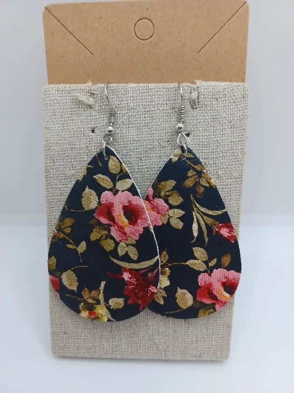 Black w/ Pink Floral Earrings