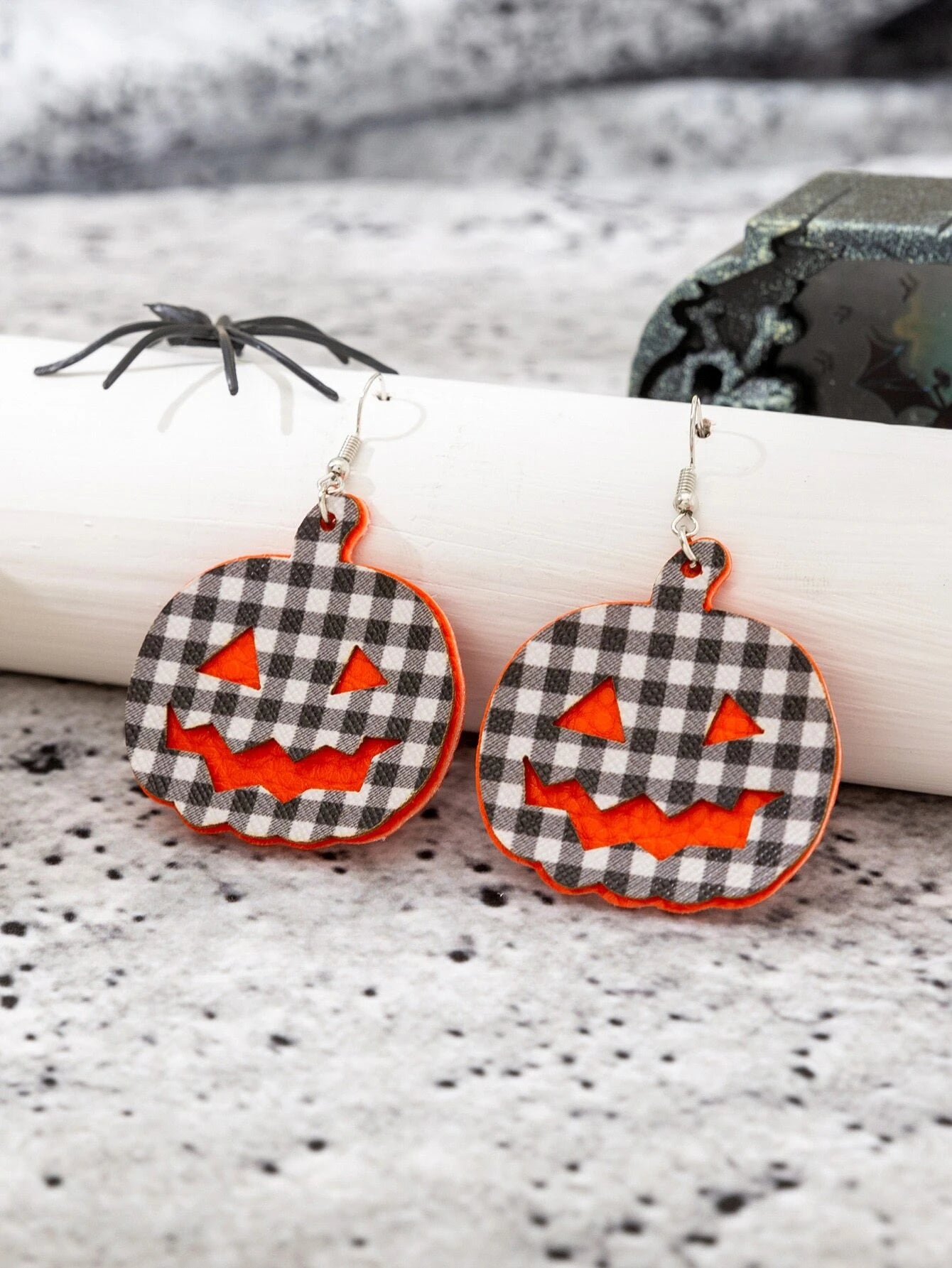 Christmas Joyful Laughter Black & White Buffalo Plaid Jack O' Lantern Layered Earrings