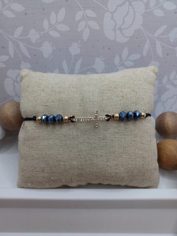 Christmas Village Scene Smoky Blue Beaded Cross Bracelet