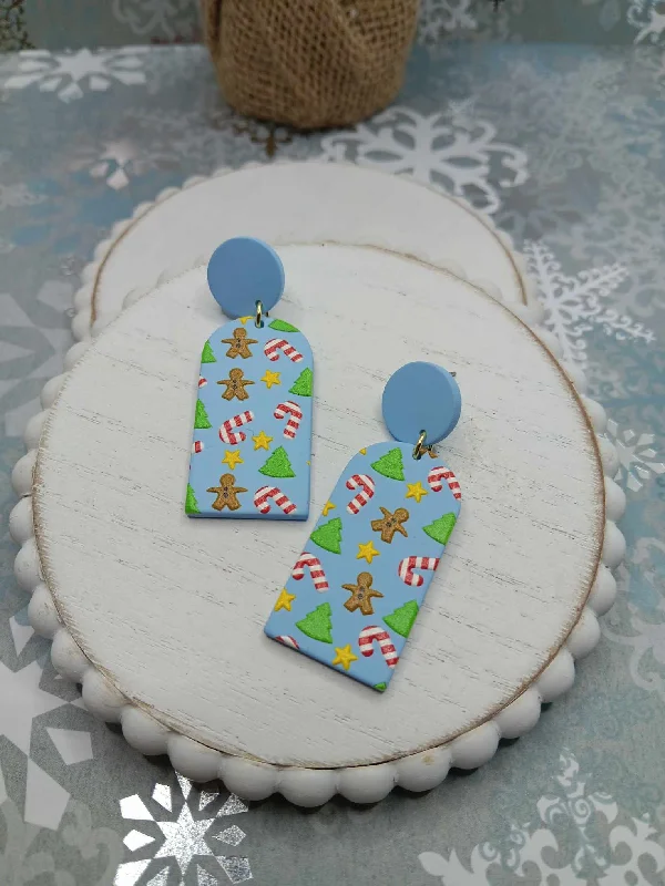 Christmas Mistletoe Magic Blue Clay Style Christmas Earrings w/ Candy Canes & Gingerbreads