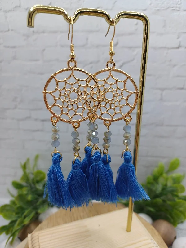 Christmas Winter Nights Magic Blue Dreamcatcher Beaded & Tassel Earrings