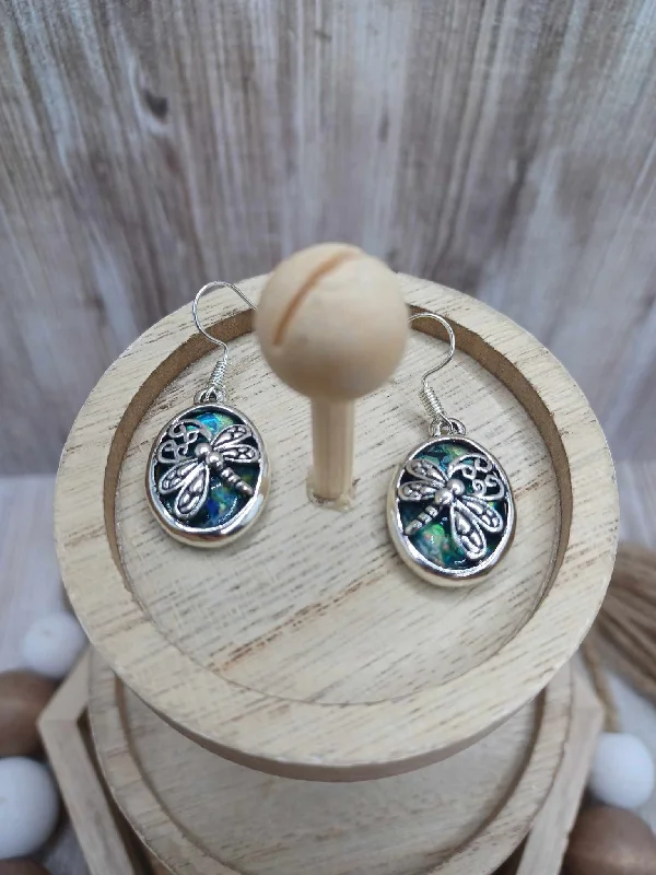 Christmas Holiday Decor Blue & Green Oil Spill Dragonfly Style Earrings