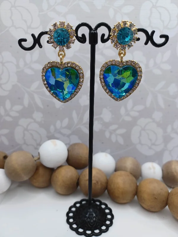 Christmas Glittering Stars Blue & Green Oil Spill Heart Earrings
