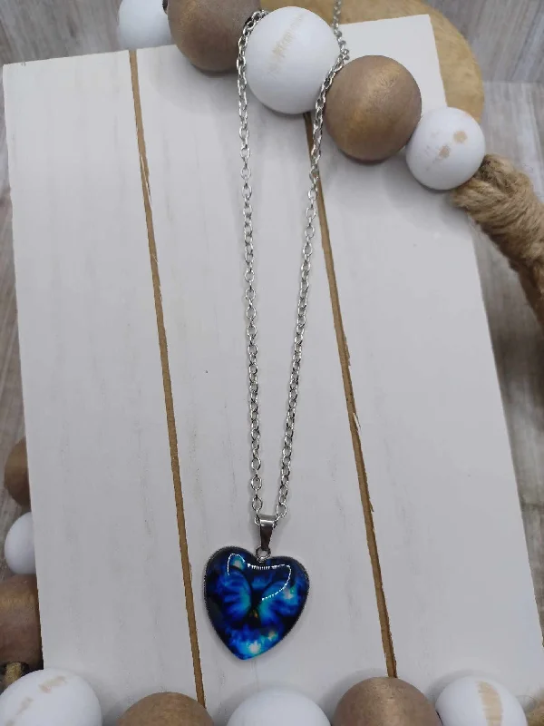 Christmas Holiday Greetings Blue Heart Butterfly Necklace