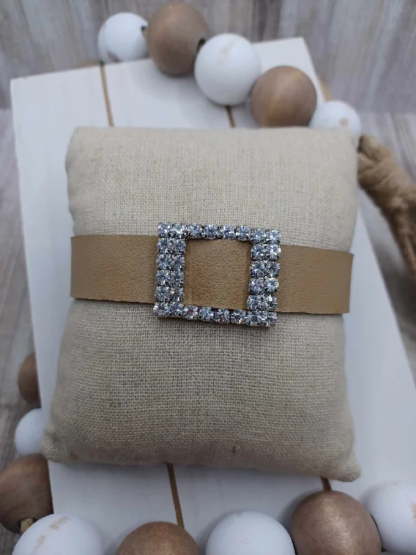 Christmas Evergreen Decorations Brown Leather Style Bracelet w/ Rhinestone Buckle
