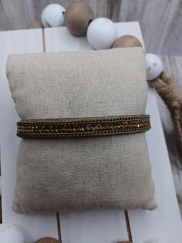 Christmas Festive Wrapping Brown Suede Style Bracelet w/ Brass Rhinestones