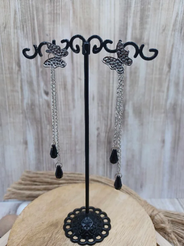 Christmas Jolly Spirit Butterfly Rhinestone Earrings w/ Silver & Black Dangles