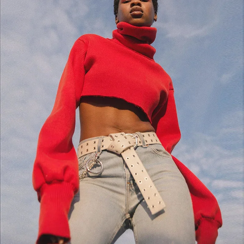 Christmas Holiday Goodies Casual Loose Sexy Solid TurtleNeck Long Sleeve Knit Crop Christmas Sweater