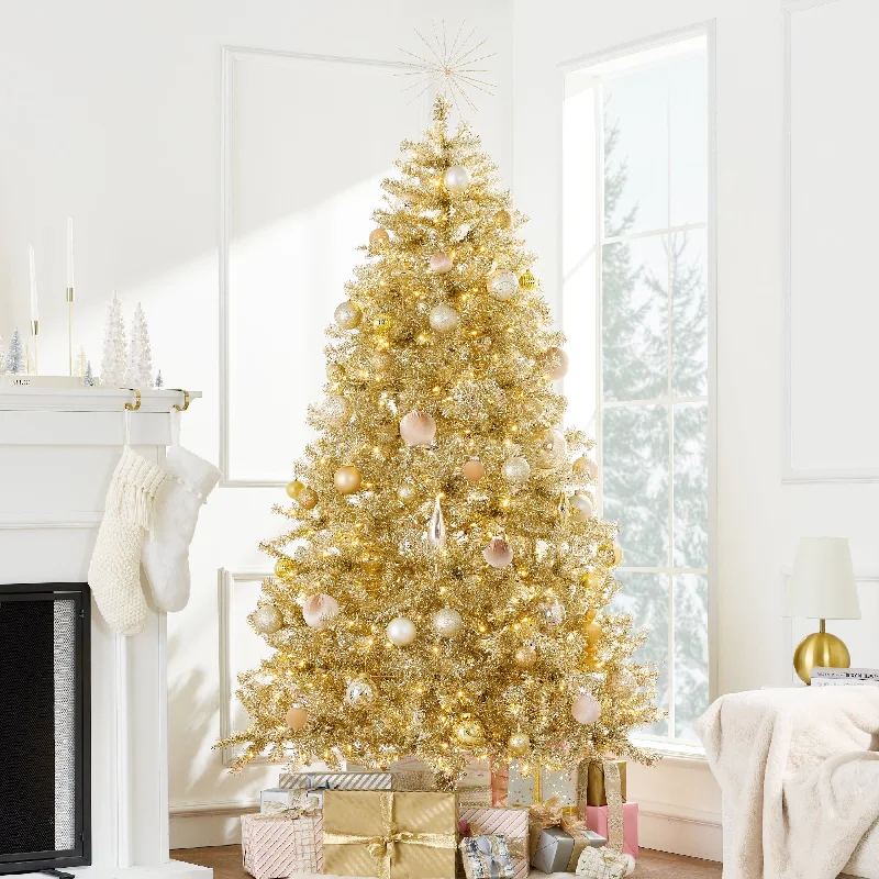 Christmas Gift Boxes Prelit Gold Artificial Tinsel Christmas Tree w/ Foldable Stand