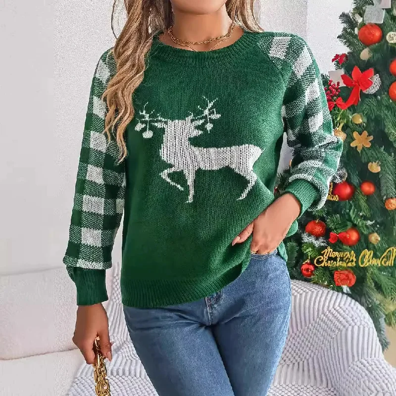 Christmas Chilly Snowfall Checkered Deer Long Sleeve Hoodie Red Green Knitted Pullover Christmas Sweater
