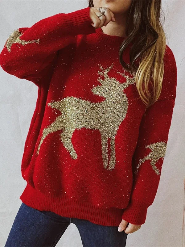 Christmas Fireplace Ambience Chic O-Neck Long Sleeve Knitted Christmas Sweater