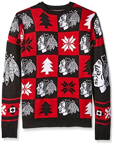 Christmas Cozy Comfort Chicago Blackhawks 2016 Patches Ugly Crew Neck Sweater - Mens Large