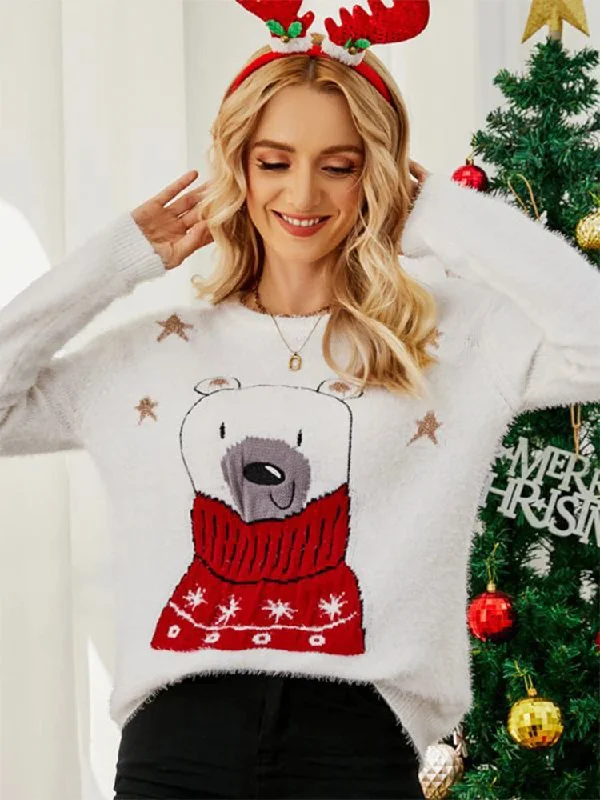 Christmas Evergreen Trees Christmas Cartoon Bear Embroidery Holiday Sweater