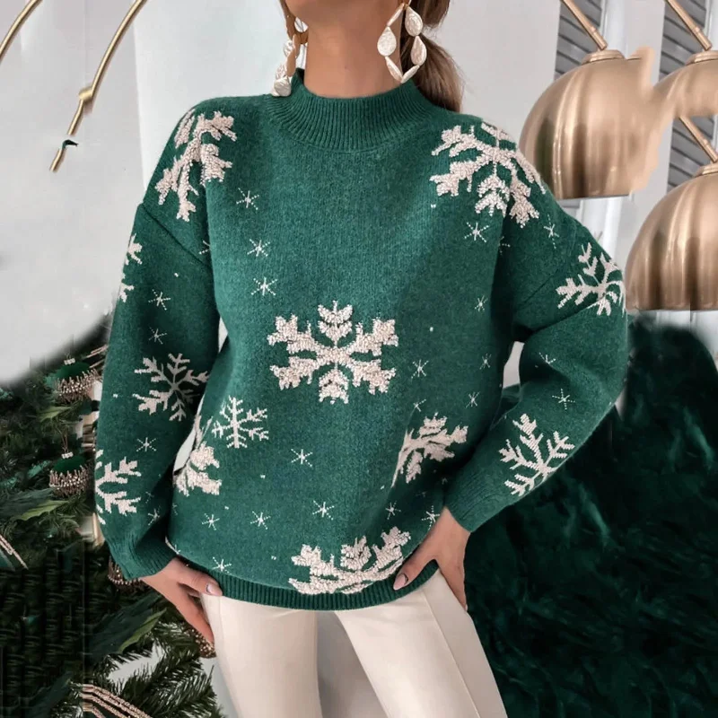 Christmas Holiday Festivities Christmas Snowflake Print Oversized Sweater with Full Sleeves Christmas Holiday Festivities Christmas Snowflake Print Oversized Sweater with Full Sleeves