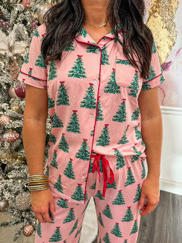 Christmas Red And White Christmas Tree Pink Pajama Top