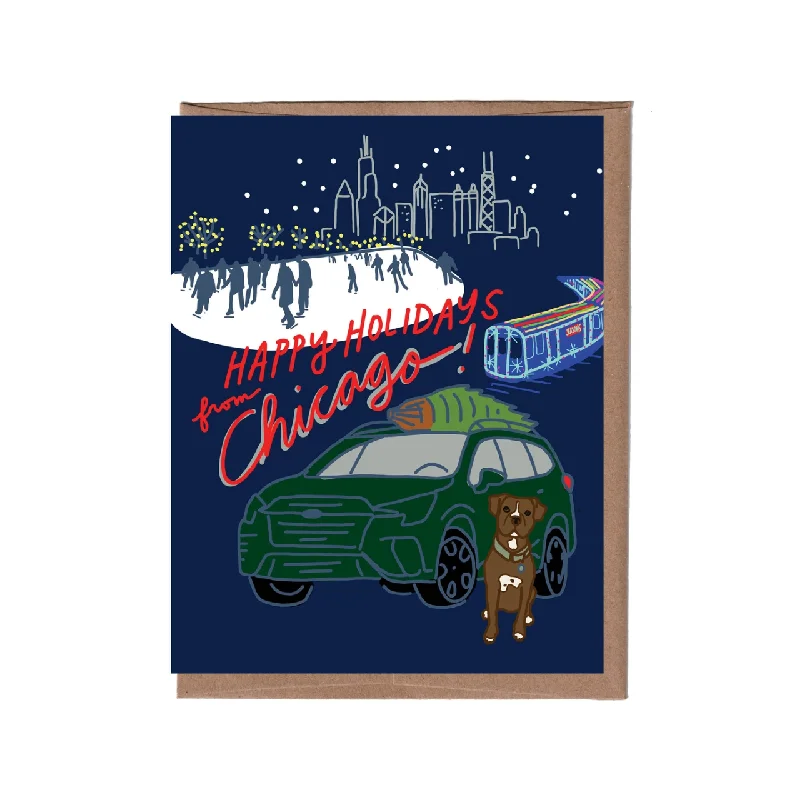 Christmas White Reindeer Cityscape Holiday Chicago Christmas Card - Boxed Set Of 8