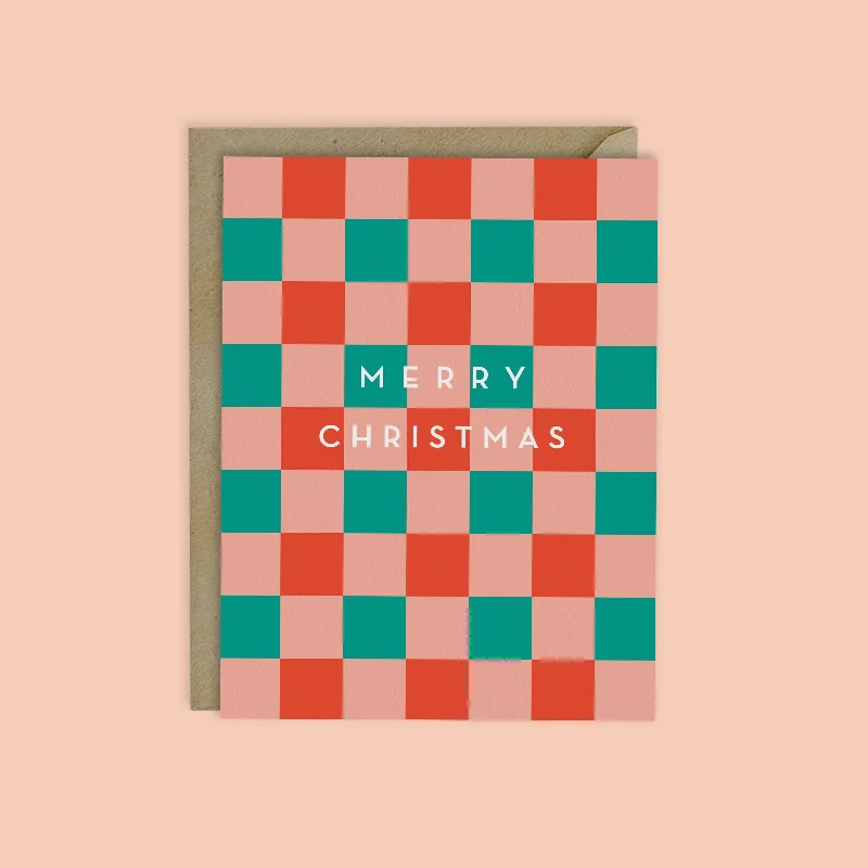Christmas Snow Covered Trees MERRY CHRISTMAS CHECKERBOARD CARD