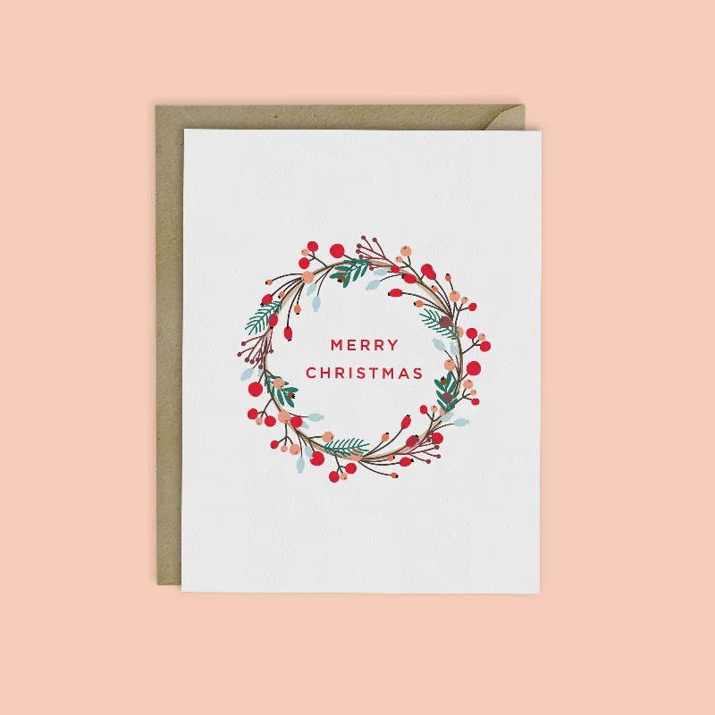 Christmas Cozy Weather HOLIDAY BERRY WREATH MERRY CHRISTMAS Card