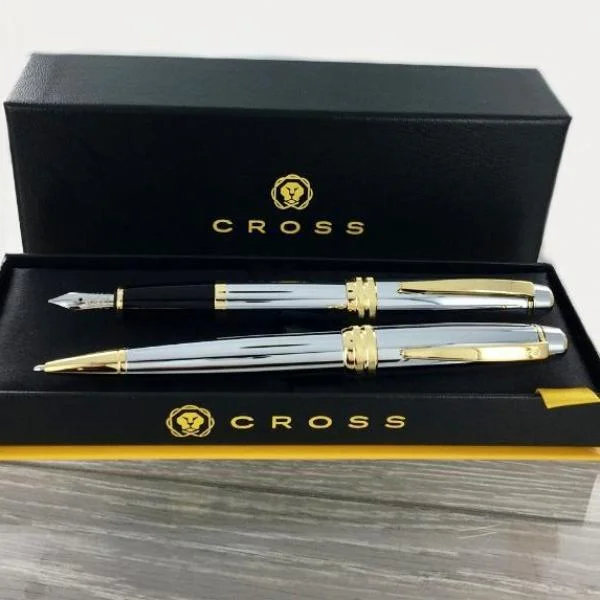 Engraved Cross AT0452-6 & AT0456-6 Bailey Medalist Chrome and Gold Pen Set1