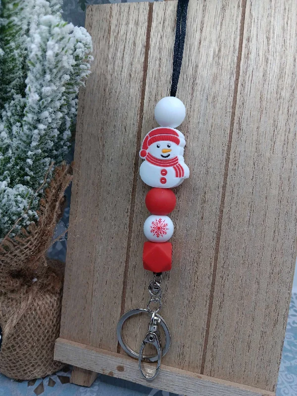 Christmas Village Scene Cute Snowman Beaded Lanyard