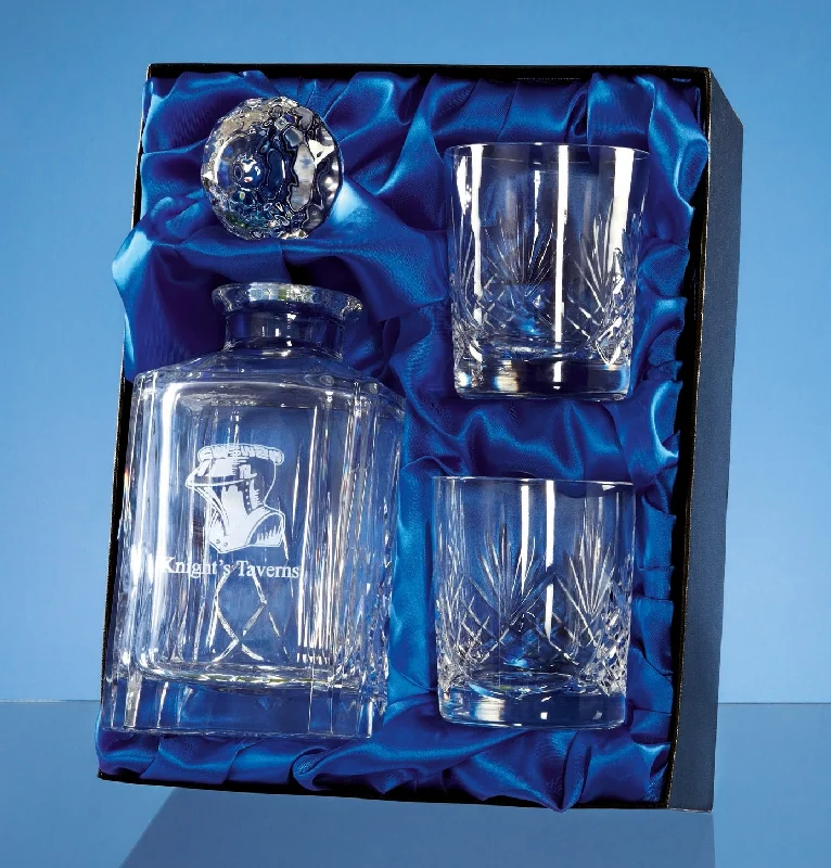Christmas Candle Warmth Decanter & Two Whiskey Tumbler Cut Crystal Set in Presentation Box