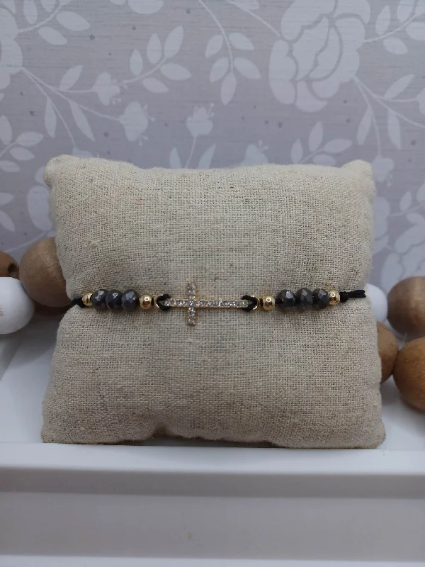 Christmas North Pole Deep Grey Beaded Cross Bracelet