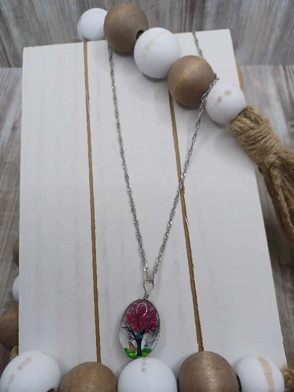 Christmas Nostalgic Moments Deep Pink Tree Pendant Necklace on a Silver Chain