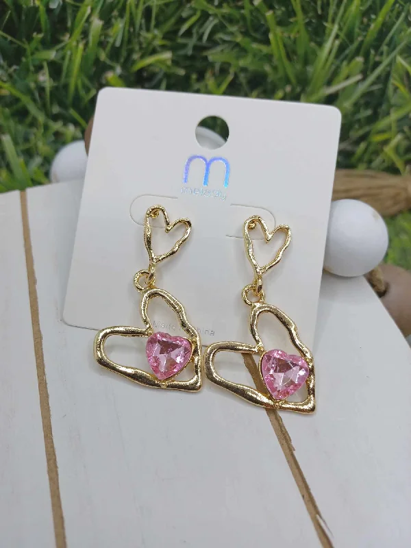 Christmas Warm Glow Distressed Gold Heart Earrings - Pink
