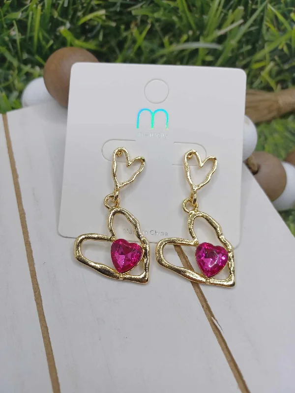 Christmas Homemade Cookies Distressed Gold Heart Earrings - Hot Pink