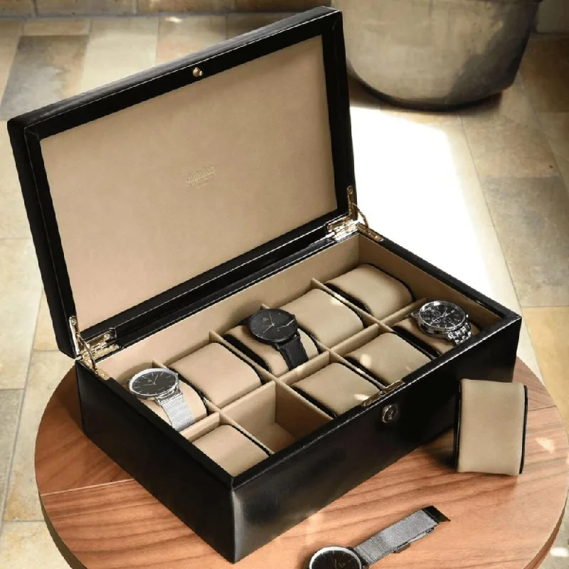 Christmas Hot Cocoa Dulwich Designs Windsor Black Leather 10 Piece Watch Box 71219