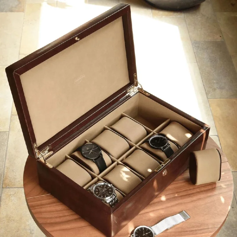 Christmas Golden Bells Dulwich Designs Windsor Brown Leather 10 Piece Watch Box 71213