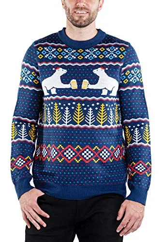 Christmas Cozy Treats Fair Isle Polar Bear Party with Beer Navy Blue Ugly Christmas Sweater for Men Size S