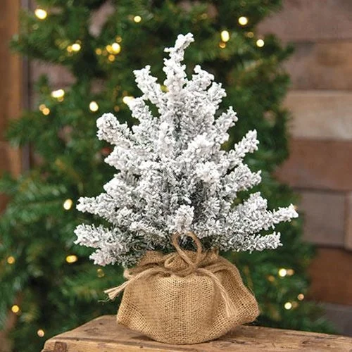 Christmas Special Dinner Flocked Mini Pine Tree w/Burlap Base 12"